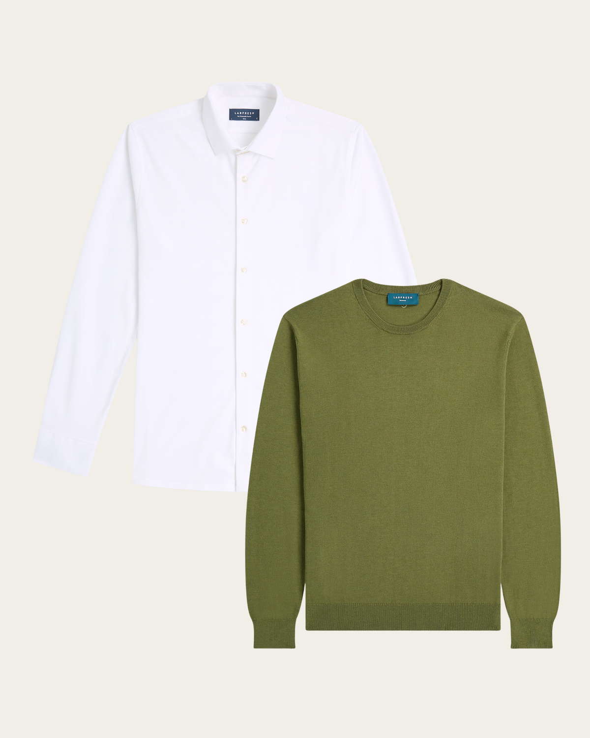 Seawool sweater & Knitted non-iron shirt bundle | White & Olive